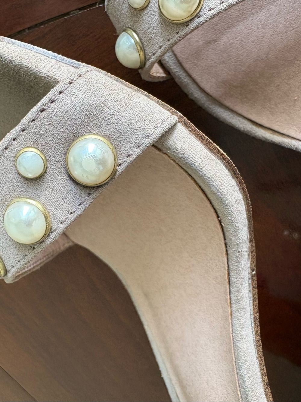 Madden Girl Women's Beige Suede Block Heel Sandals with Pearl Studs - Picture 6 of 8